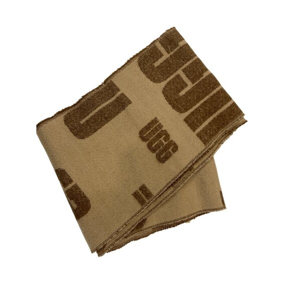 Ugg Tan & Brown Logo Scarf 100% Acrylic Lightweight Frayed Edges 43" X 14"42f - Picture 1 of 8
